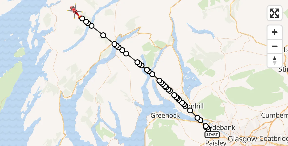 Flight path map showing Air Ambulance Helicopter route from Erskine to Argyll and Bute
