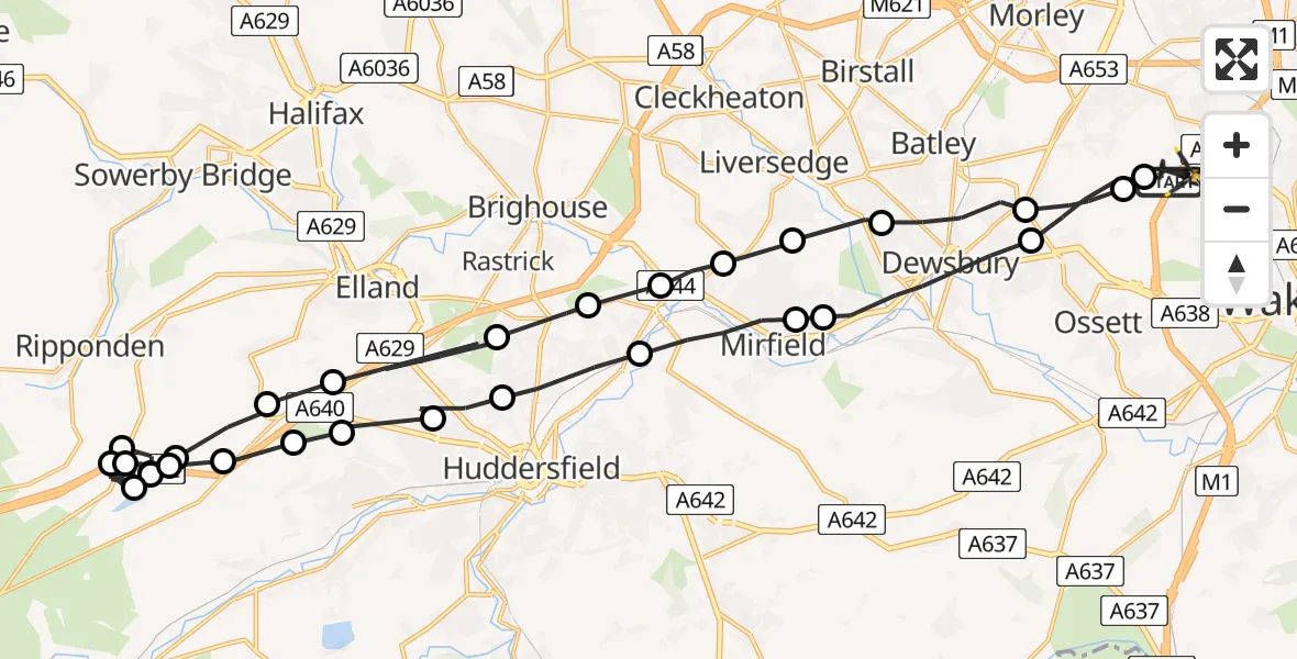 Flight path map showing Police Helicopter route from East Ardsley to East Ardsley