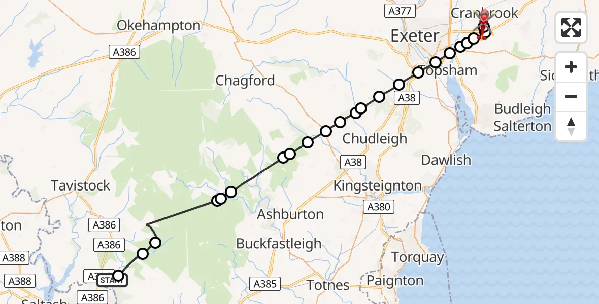 Flight path map showing Air Ambulance Helicopter route from Bickleigh to Exeter International Airport