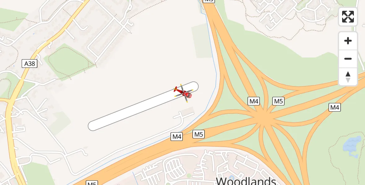 Flight path map showing Air Ambulance Helicopter route from Almondsbury Helicopter Base to Almondsbury Helicopter Base