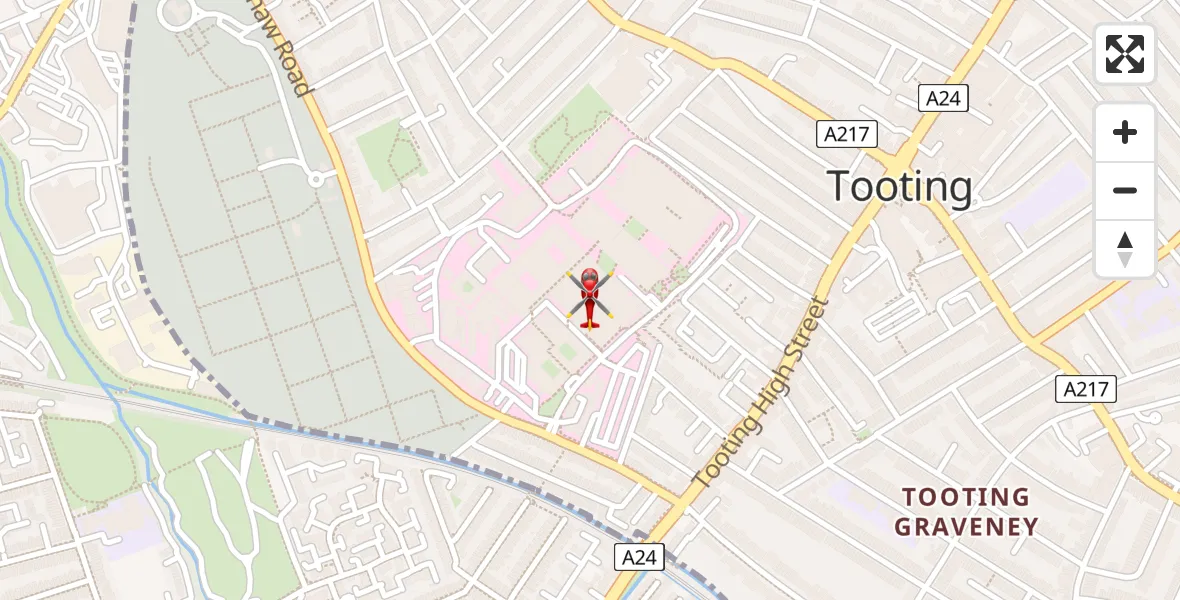 Flight path map showing Air Ambulance Helicopter route from St Georges Hospital to St Georges Hospital