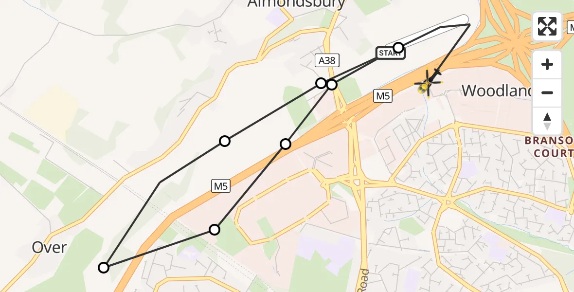 Flight path map showing Police Helicopter route from Almondsbury Helicopter Base to Almondsbury Helicopter Base