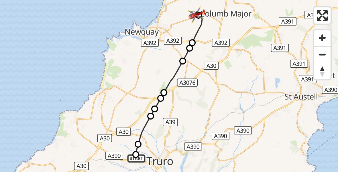 Flight path map showing Air Ambulance Helicopter route from Treliske Hospital to Cornwall Airport Newquay