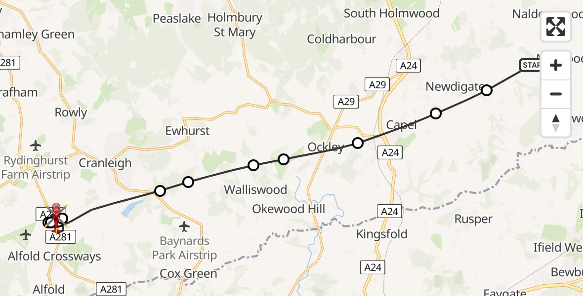 Flight path map showing Air Ambulance Helicopter route from Mole Valley to Cranleigh