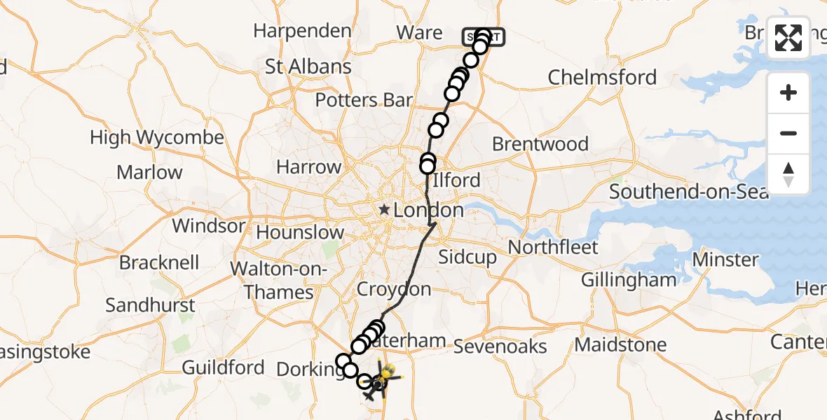 Flight path map showing Police Helicopter route from Sawbridgeworth to Tandridge