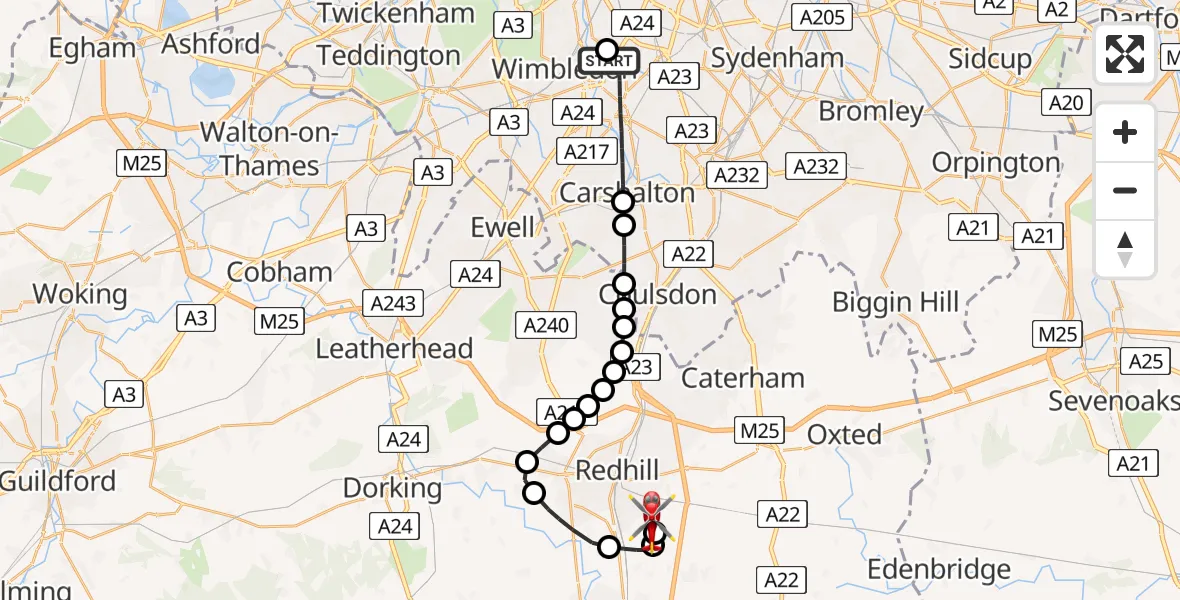Flight path map showing Air Ambulance Helicopter route from St Georges Hospital to Redhill Aerodrome