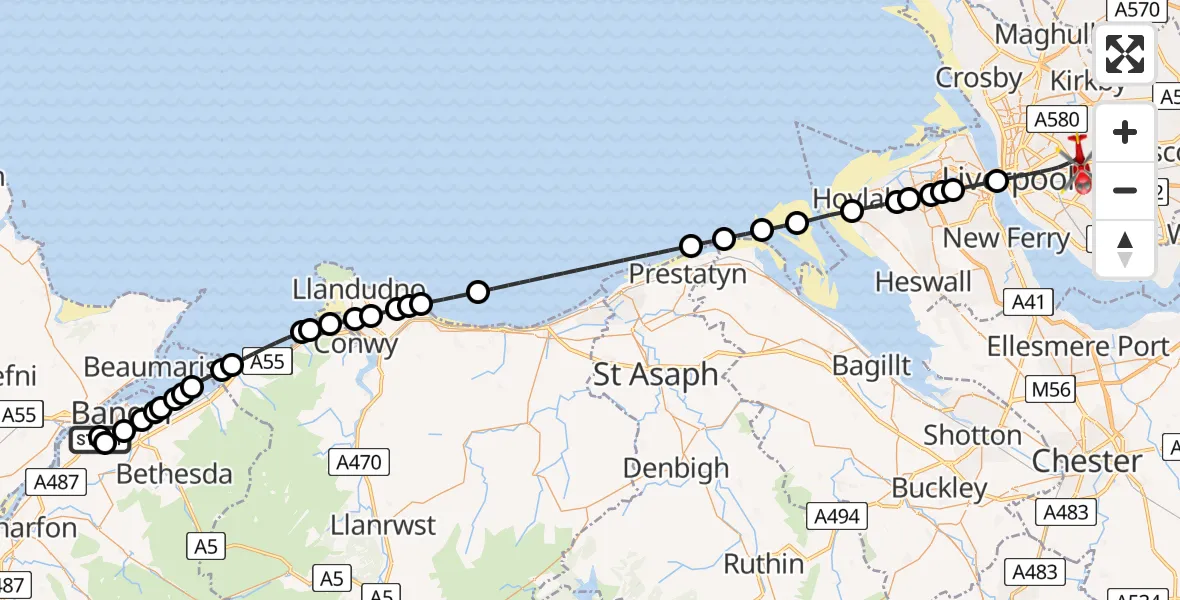 Flight path map showing Air Ambulance Helicopter route from Ysbyty Gwynedd Hospital Heliport to Liverpool