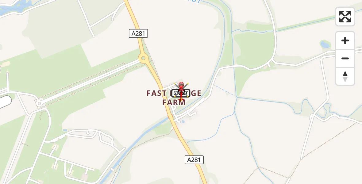 Flight path map showing Air Ambulance Helicopter route from Alfold Crossways to Cranleigh