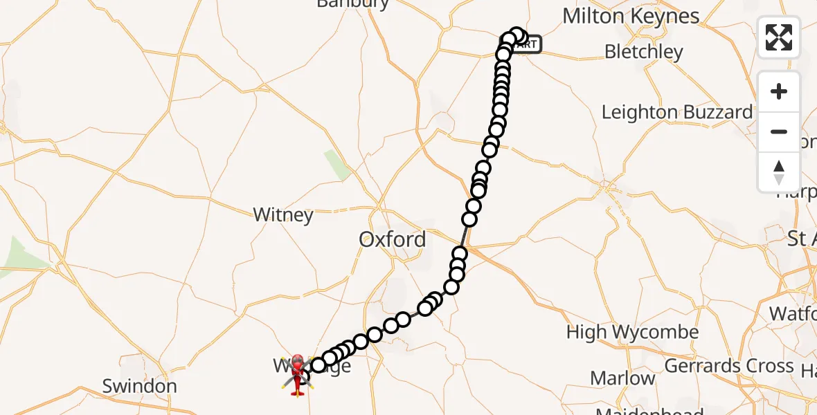 Flight path map showing Air Ambulance Helicopter route from Buckingham to Letcombe Regis