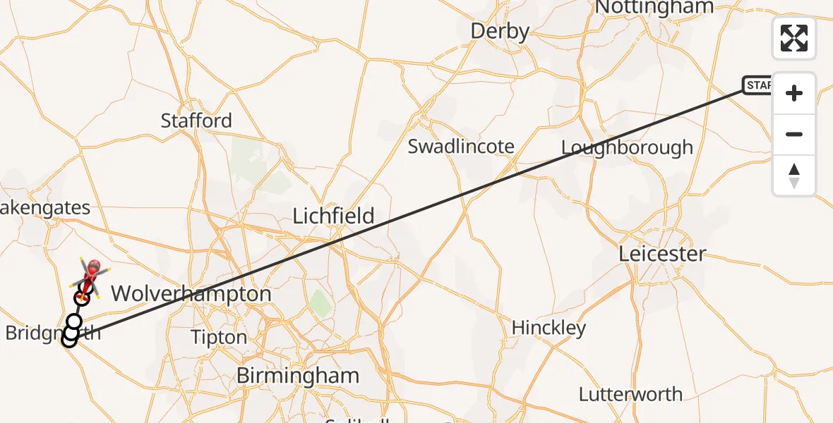 Flight path map showing Air Ambulance Helicopter route from Hose to Beckbury
