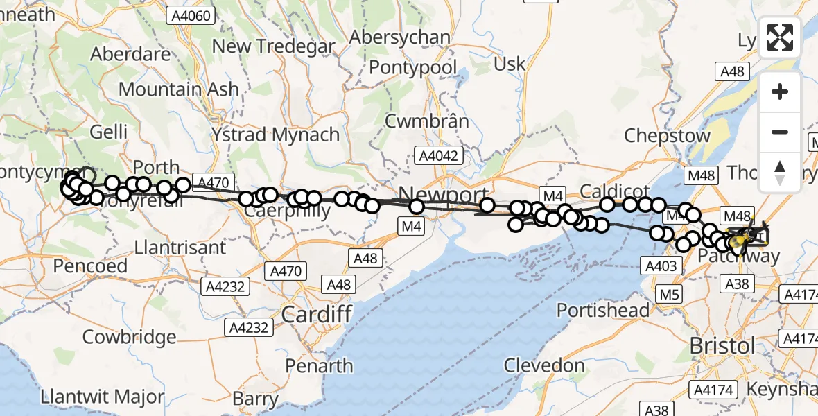 Flight path map showing Police Helicopter route from Almondsbury Helicopter Base to Almondsbury Helicopter Base