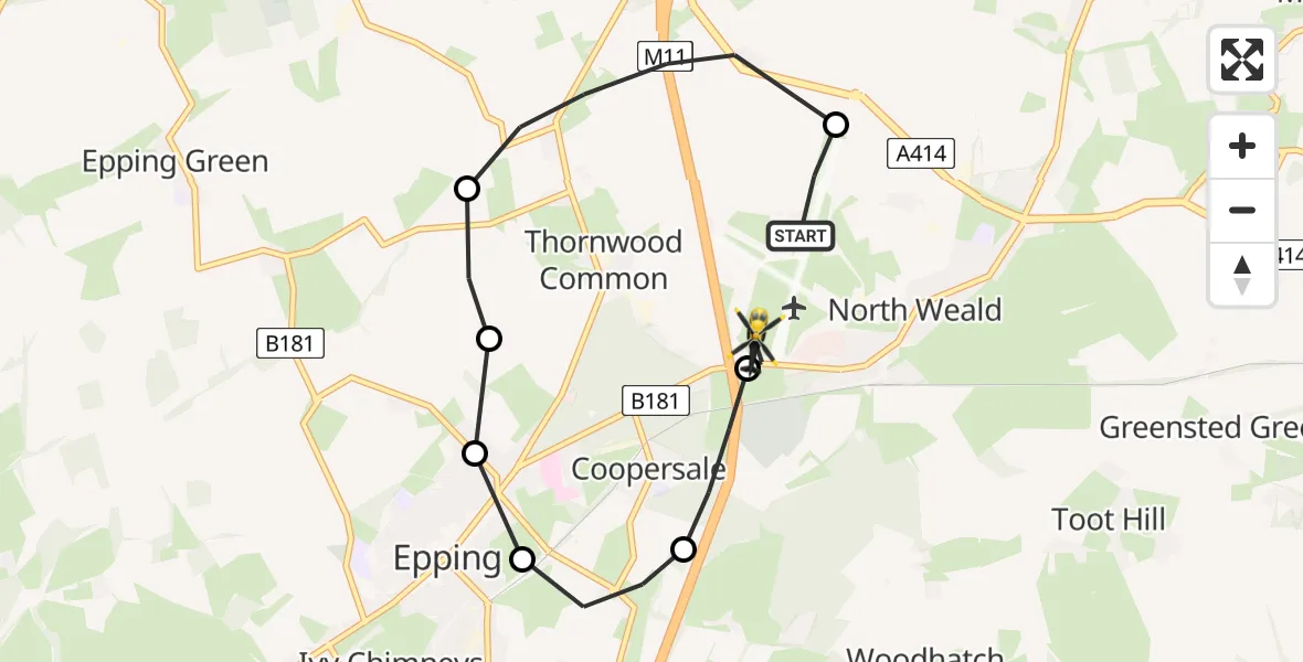 Flight path map showing Police Helicopter route from North Weald Airfield to North Weald Airfield