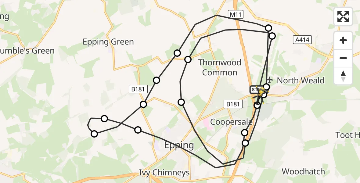 Flight path map showing Police Helicopter route from North Weald Airfield to North Weald Bassett