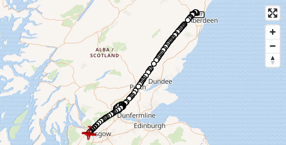 Flight path map showing Air Ambulance Aircraft route from Aberdeen International Airport to Glasgow Airport