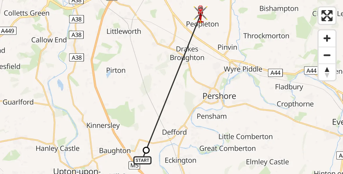 Flight path map showing Air Ambulance Helicopter route from Hill Croome to Peopleton