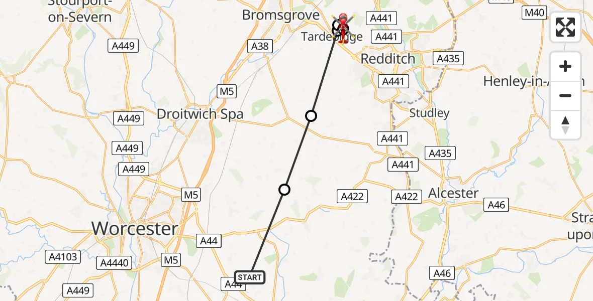 Flight path map showing Air Ambulance Helicopter route from Peopleton to Bromsgrove