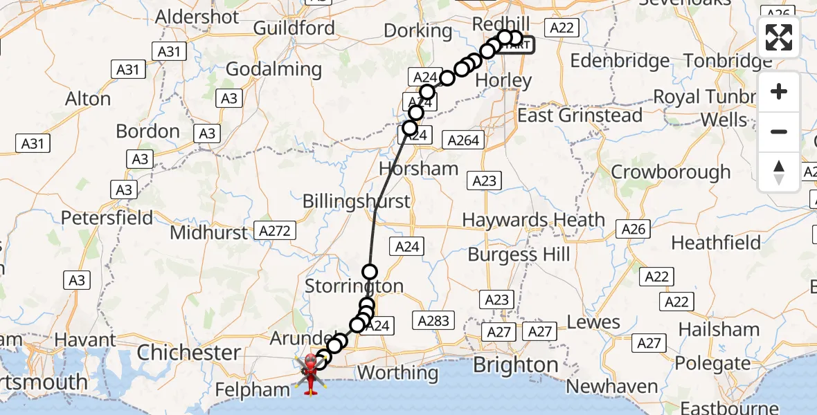 Flight path map showing Air Ambulance Helicopter route from Redhill Aerodrome to Littlehampton