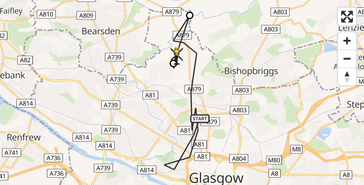 Flight path map showing Police Helicopter route from Glasgow to Glasgow