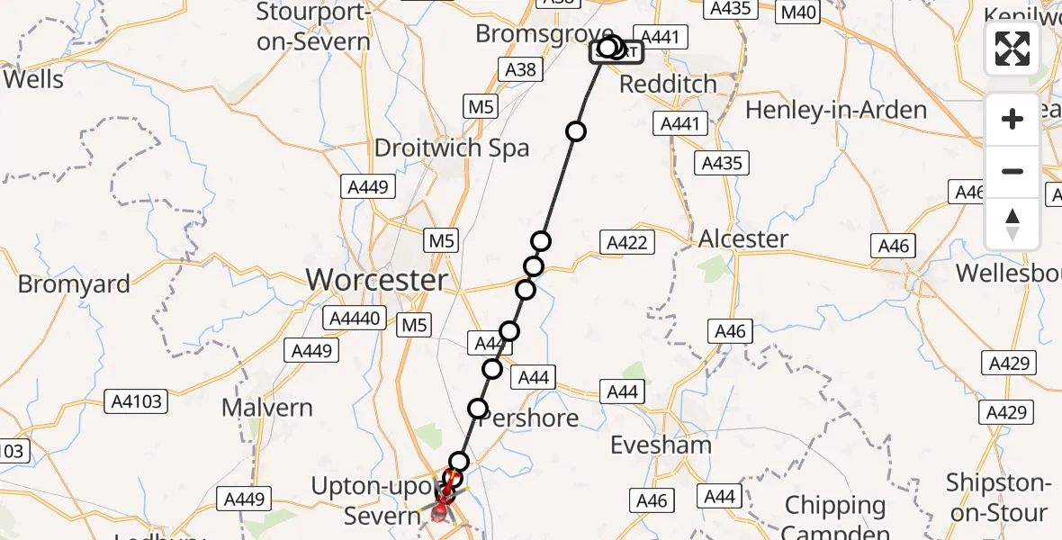 Flight path map showing Air Ambulance Helicopter route from Bromsgrove to Kinnersley