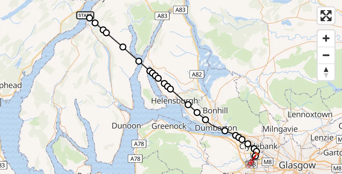 Flight path map showing Air Ambulance Helicopter route from Inner Seas to Glasgow Airport