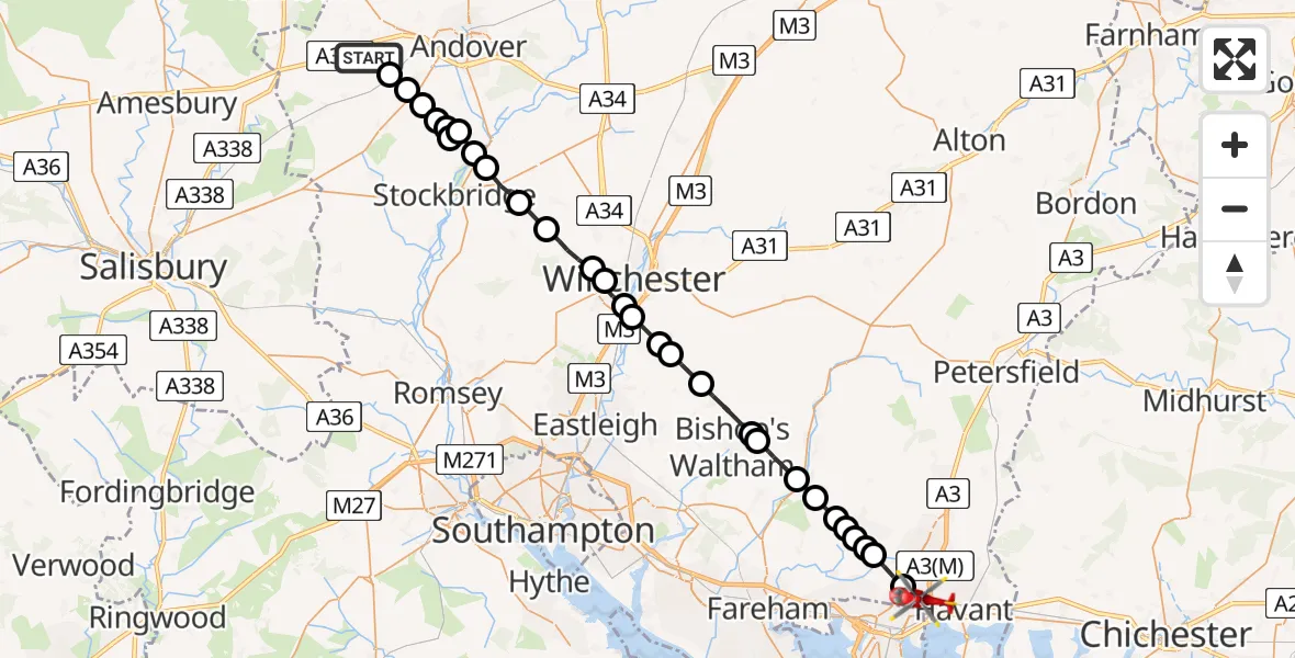 Flight path map showing Air Ambulance Helicopter route from Amport to Havant