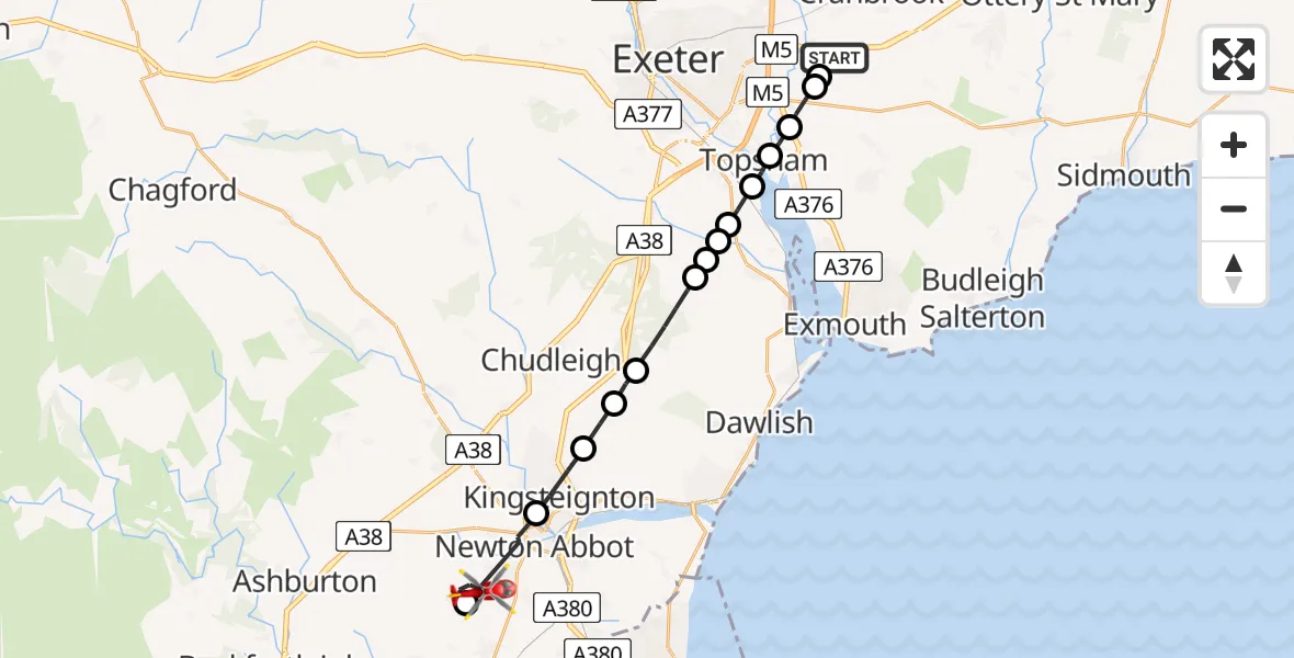 Flight path map showing Air Ambulance Helicopter route from Exeter International Airport to Denbury