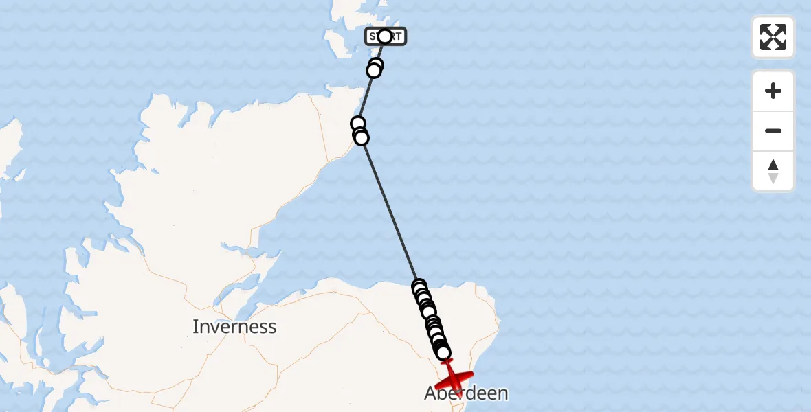 Flight path map showing Air Ambulance Aircraft route from Warthill Road to Dyce and Stoneywood