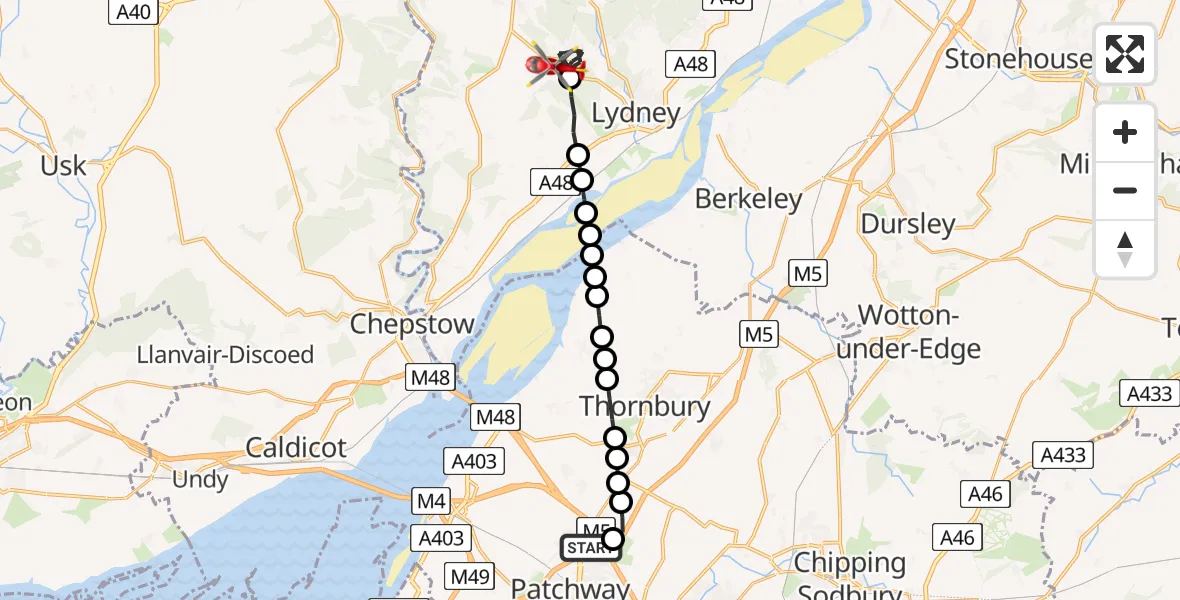 Flight path map showing Air Ambulance Helicopter route from Almondsbury Helicopter Base to Bream
