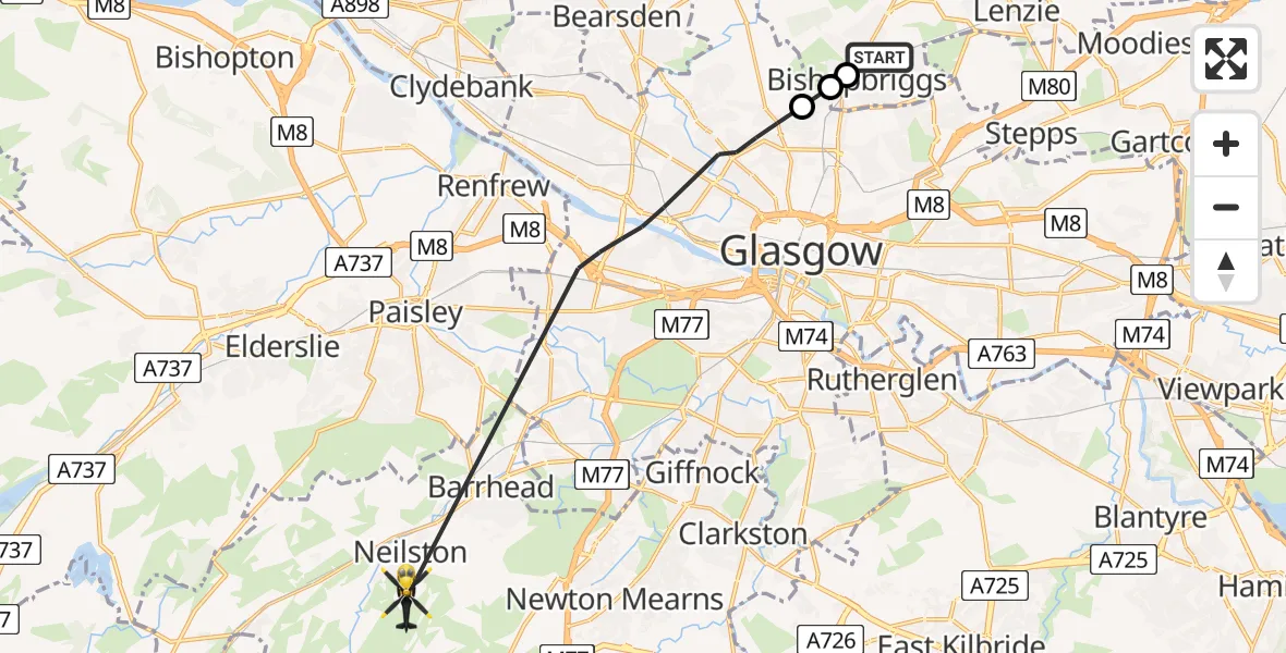 Flight path map showing Police Helicopter route from Bishopbriggs to Neilston