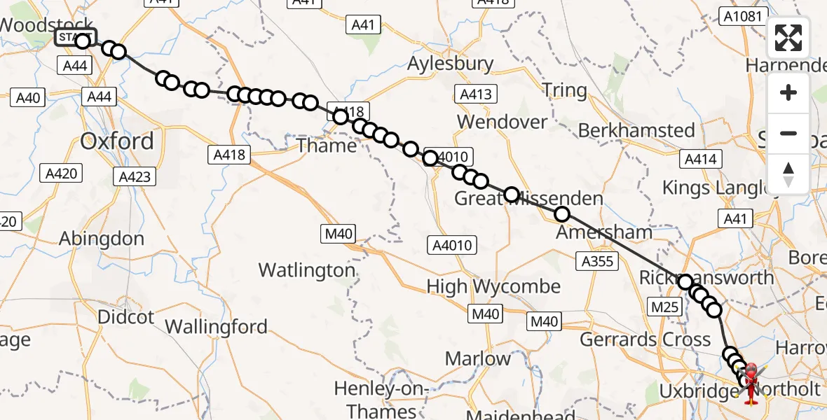 Flight path map showing Air Ambulance Helicopter route from London Oxford Airport to RAF Northolt