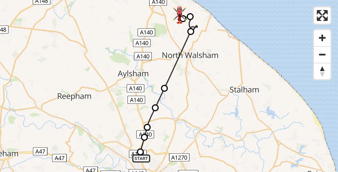 Flight path map showing Air Ambulance Helicopter route from Norwich Airport to Southrepps