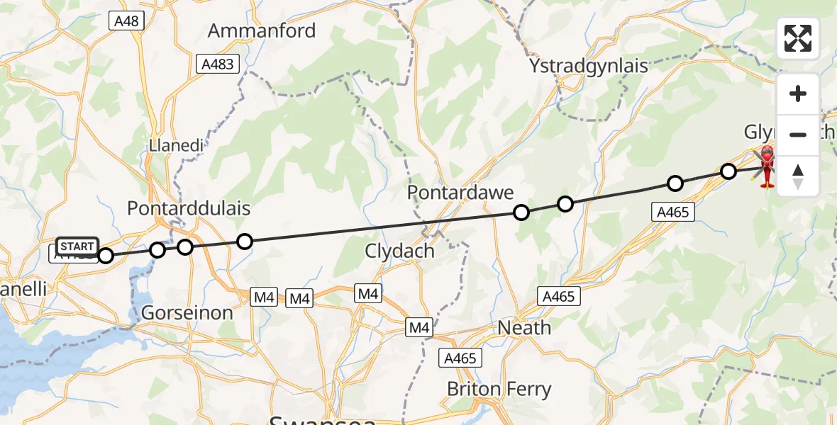 Flight path map showing Air Ambulance Helicopter route from Dafen to Cwmgwrach