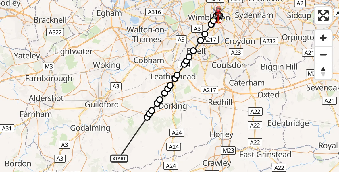 Flight path map showing Air Ambulance Helicopter route from Alfold Crossways to St Georges Hospital