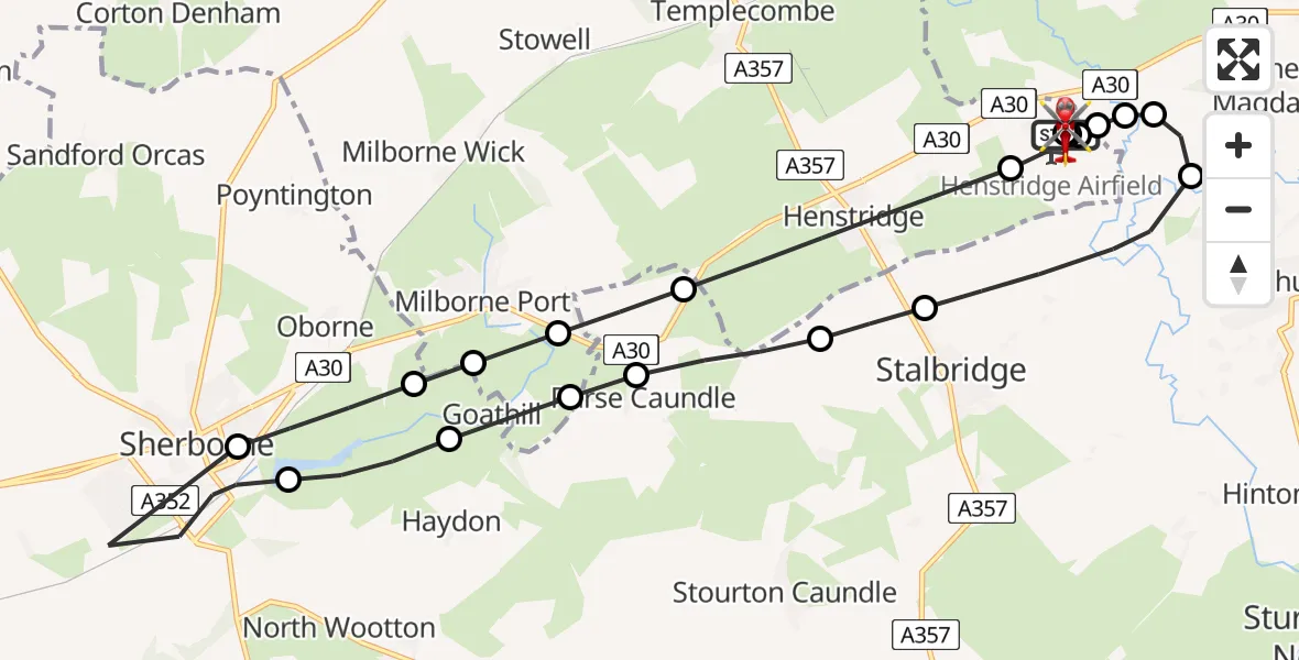 Flight path map showing Air Ambulance Helicopter route from Henstridge Airfield to Henstridge Airfield