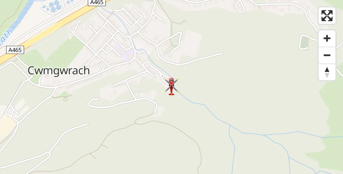 Flight path map showing Air Ambulance Helicopter route from Cwmgwrach to Cwmgwrach