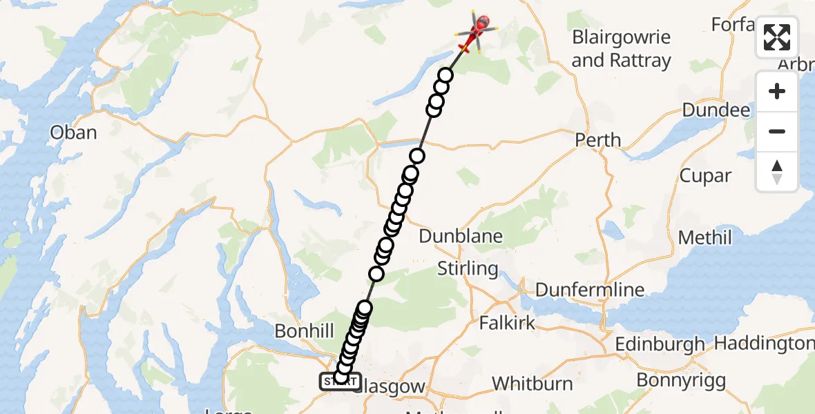 Flight path map showing Air Ambulance Helicopter route from Glasgow Airport to Weem