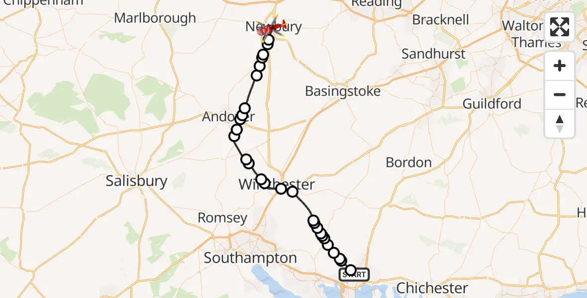 Flight path map showing Air Ambulance Helicopter route from Havant to Newbury
