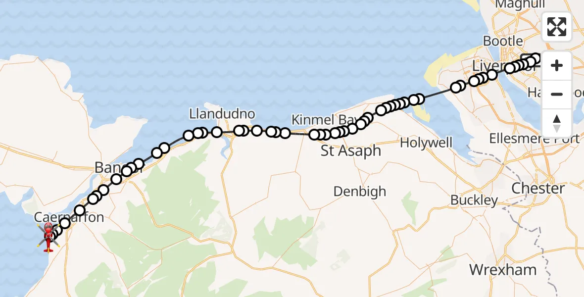Flight path map showing Air Ambulance Helicopter route from Knotty Ash to Caernarfon Airport