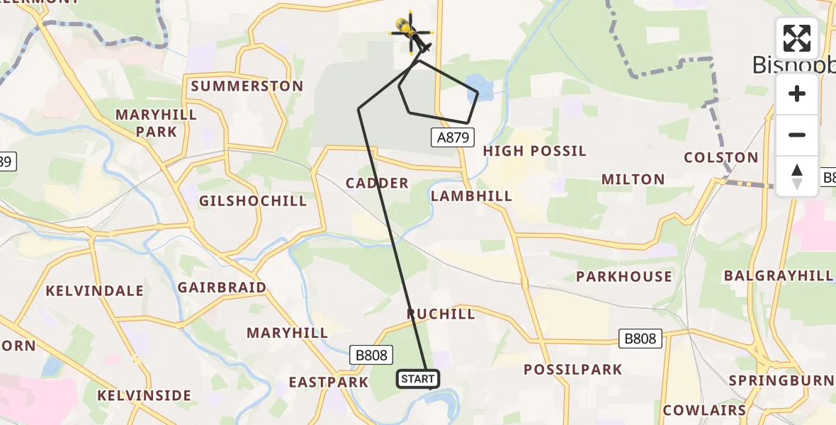 Flight path map showing Police Helicopter route from Glasgow to Glasgow