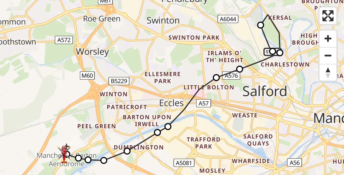 Flight path map showing Air Ambulance Helicopter route from Charlestown to Manchester Barton Aerodrome