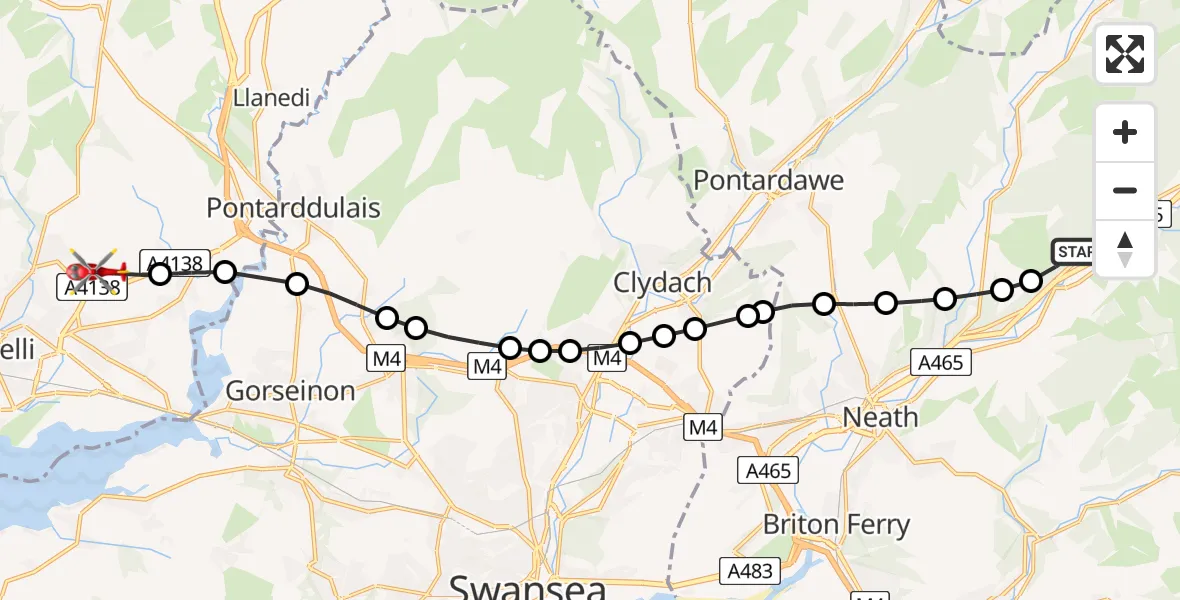 Flight path map showing Air Ambulance Helicopter route from Ynysarwed to Dafen
