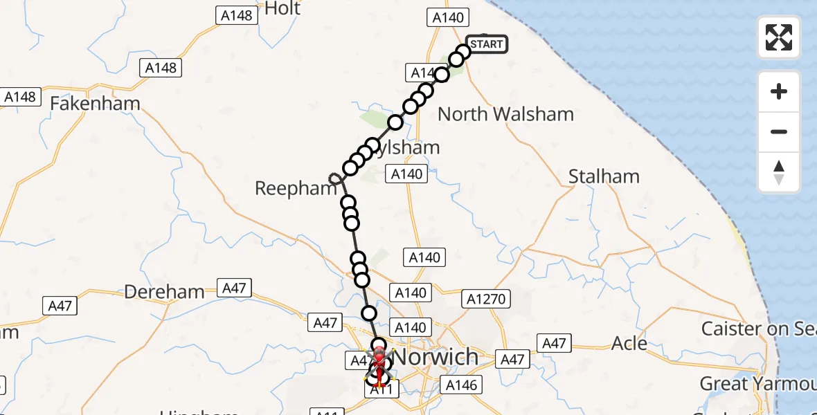 Routekaart van de vlucht: Air Ambulance Helicopter to Norfolk & Norwich Hospital