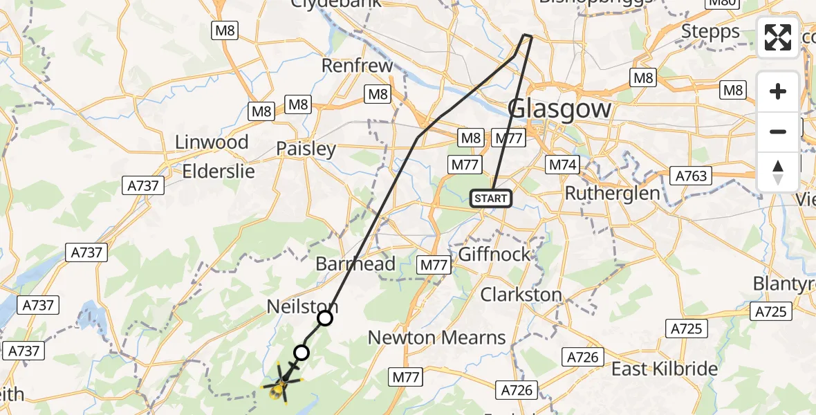 Flight path map showing Police Helicopter route from Glasgow to Neilston