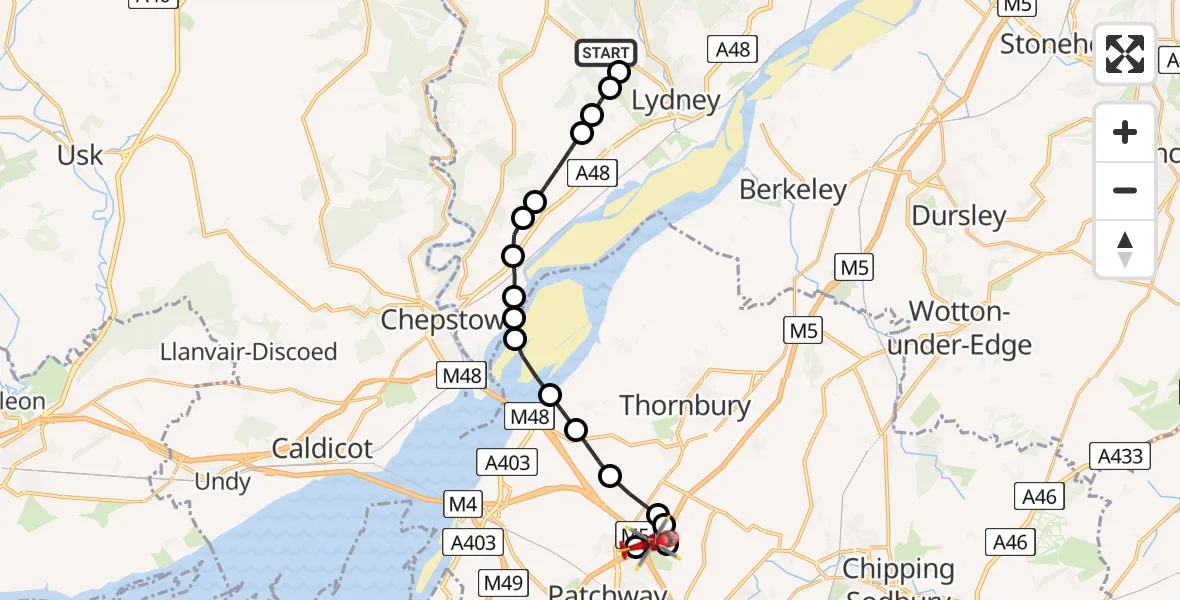 Flight path map showing Air Ambulance Helicopter route from Bream to Bradley Stoke