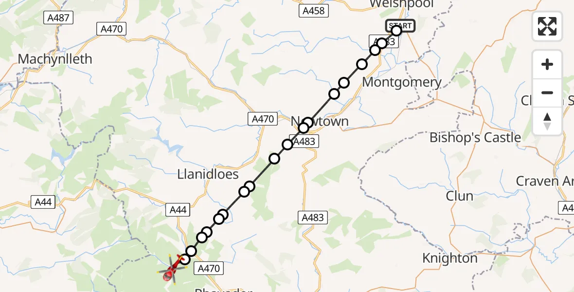 Flight path map showing Air Ambulance Helicopter route from Welshpool Airport to Rhayader
