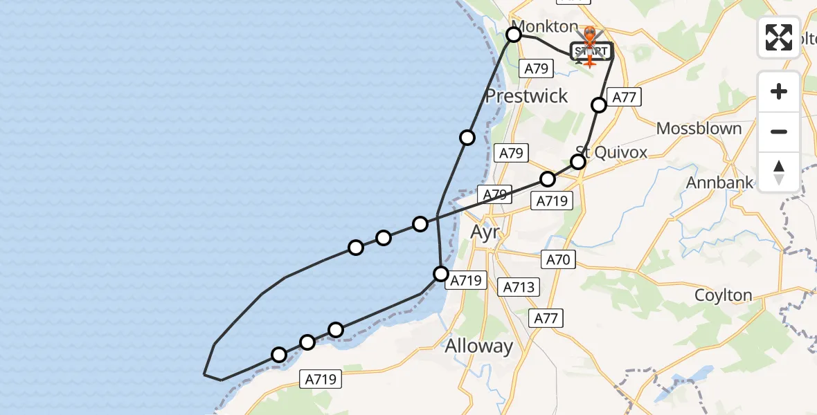 Flight path map showing Coastguard Helicopter route from Glasgow Prestwick Airport to Glasgow Prestwick Airport