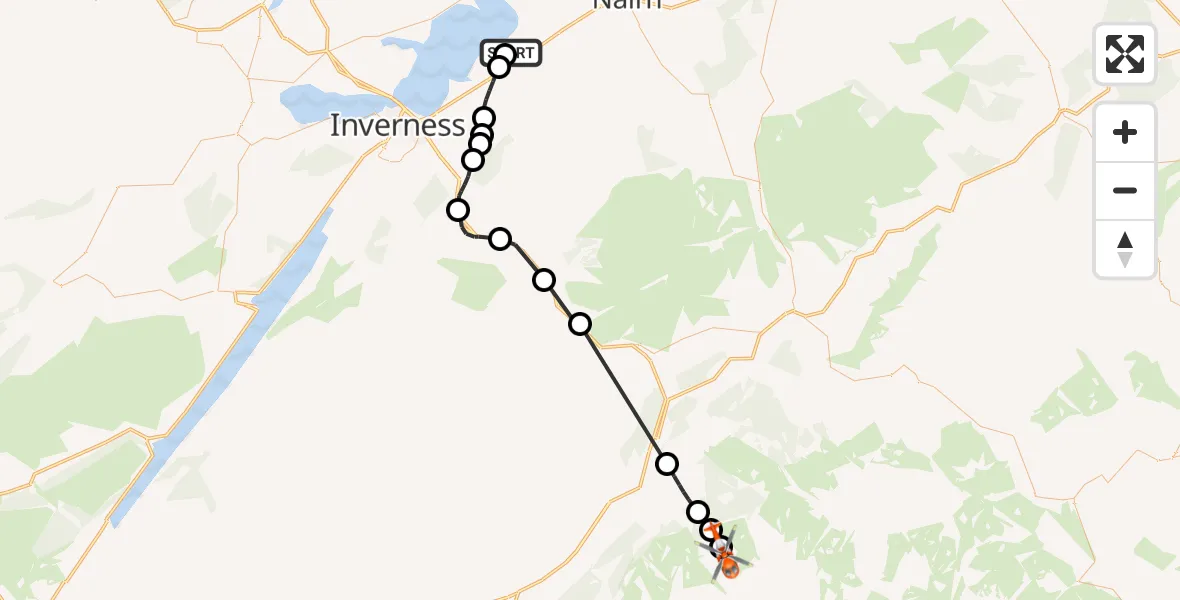 Flight path map showing Coastguard Helicopter route from Inverness Airport to Highland