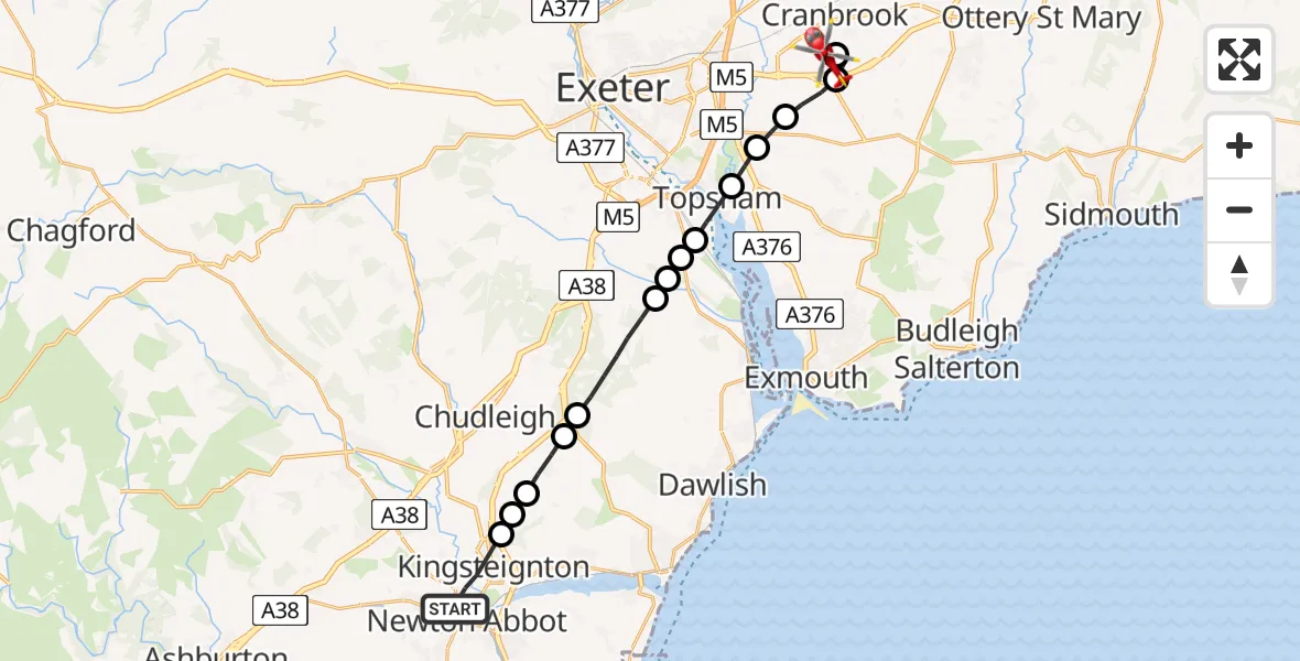 Flight path map showing Air Ambulance Helicopter route from Newton Abbot to Exeter International Airport