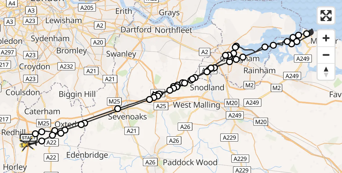 Flight path map showing Police Helicopter route from Nutfield to South Nutfield