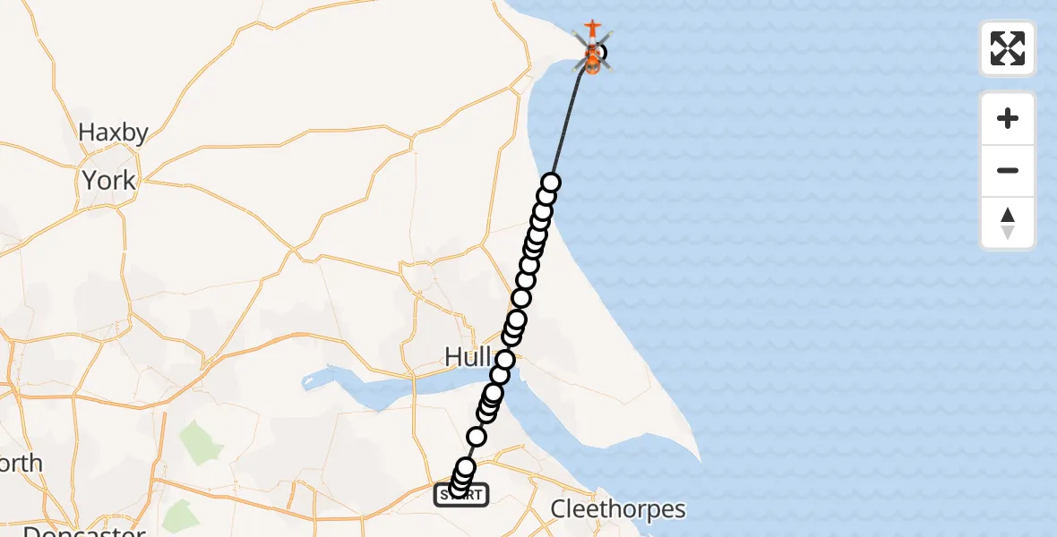Flight path map showing Coastguard Helicopter route from Humberside Airport to Flamborough